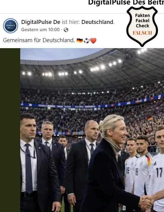 Facebook-Post der Seite 'DigitalPulse De' mit der Überschrift 'Gemeinsam für Deutschland' und einem Bild, das angeblich Alice Weidel beim Handschlag mit der deutschen Nationalmannschaft zeigt, versehen mit dem Faktenfackel-Störer 'Falsch'