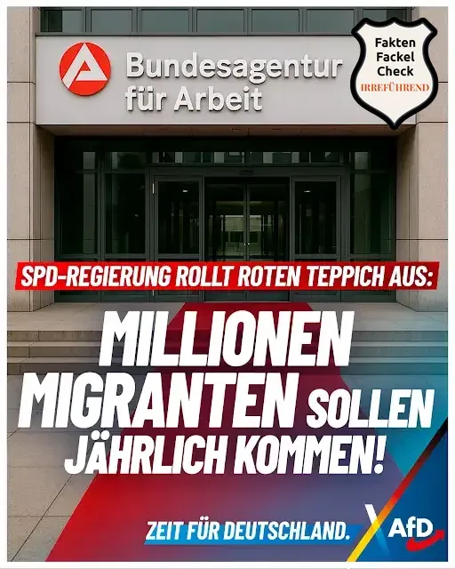 AfD-Sharepic vor dem Gebäude der Bundesagentur für Arbeit mit der Schlagzeile 'SPD-Regierung rollt roten Teppich aus: Millionen Migranten sollen jährlich kommen!', versehen mit dem Faktenfackel-Störer 'Irreführend'