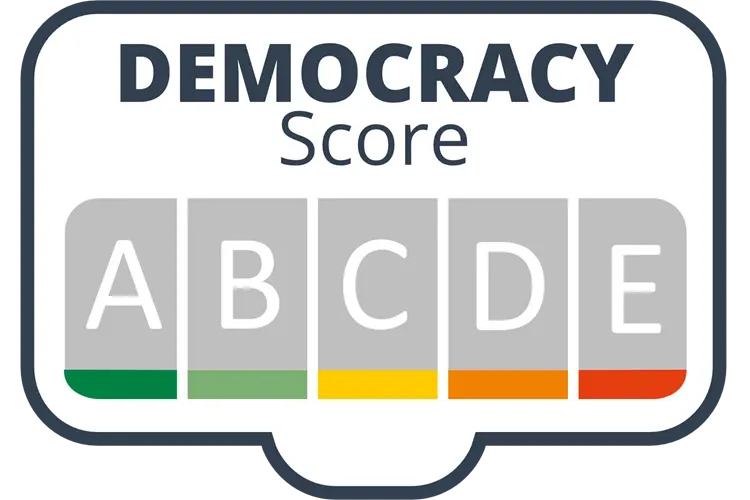 Die fünfstufige A-E-Skala des Democracy-Score im Nutri-Score-Stil, von grün (A) bis rot (E)